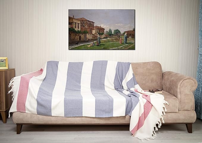 Bersuse 100% Cotton Aspendos XL Throw Blanket for Couch - 100% Cotton Lightweight Durable Throw Blanket, Big Blanket for Sensitive Skin, Decorative and Versatile - 60x90 Inches, Dark Blue-Red