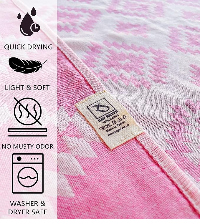 RAY SILVER Aztec Turkish Hand Towels Set of 2 100% Cotton Peshtemal Soft Feel 18 x 36 Light Weight Travel Camping Bath Sauna Beach Gym Pool Blanket Quick Dry Oversized Towel (Pink, Hand Towel)