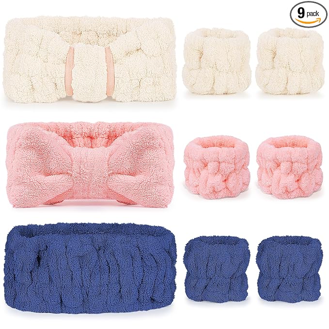 DiyJibb 9 Pcs Spa Headband for Washing Face,Skincare Headband and Wristband Set,Women Teen Girls Facial Hairbands for Washing Face, Makeup, Sports, Yoga (beige + dark pink + navy)