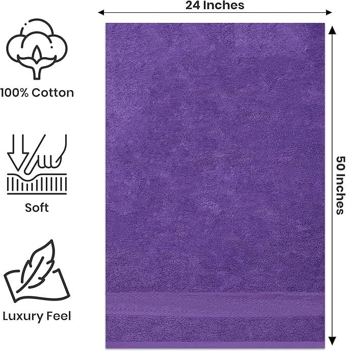 Large Bath Towels Bulk Set of 12 – 100% Cotton Terry – 24" x 50" – Quick Dry, Soft & Highly Absorbent – Purple Towels for Bathroom, Gym, Spa, Pool & Daily Use