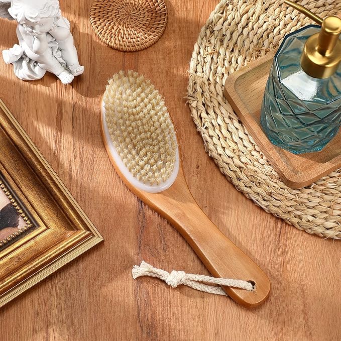 Gerrii 2 Pcs Dry Brushing Body Brush Natural Boar Bristle with Contoured Wooden Handle for Back Legs Feet Exfoliates Dead Skin