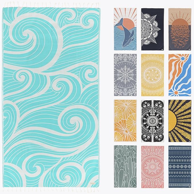FESHKA Sand Proof Turkish Beach Towel – Oversized, Quick Dry & Lightweight Travel Towel - 100% Organic Cotton Beach Blanket - Perfect for Bath, Pool & Picnic | Summer Waves (Turquoise)