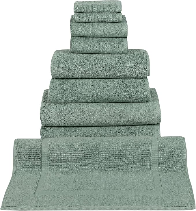 Classic Turkish Towels CTT - 9 Piece Premium Towel Set, 100% Turkish Cotton, Highly Absorbent & Comfy, Includes 2 Bath Towels, 2 Hand Towels, 2 Washcloths, 2 Bath Sheets & 1 Bath Mat | (Green)