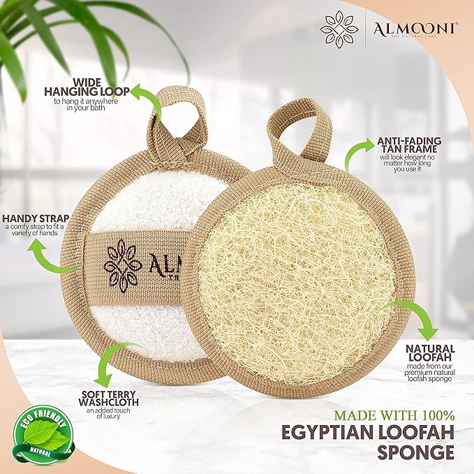 Almooni Natural Loofah Exfoliating Facial Scrubber, Made with Natural Egyptian Shower Loofah Sponge, Bath Shower Loofah Sponge for Women and Men, for Face that Gets You Clean - 6 Count (1 Pack)