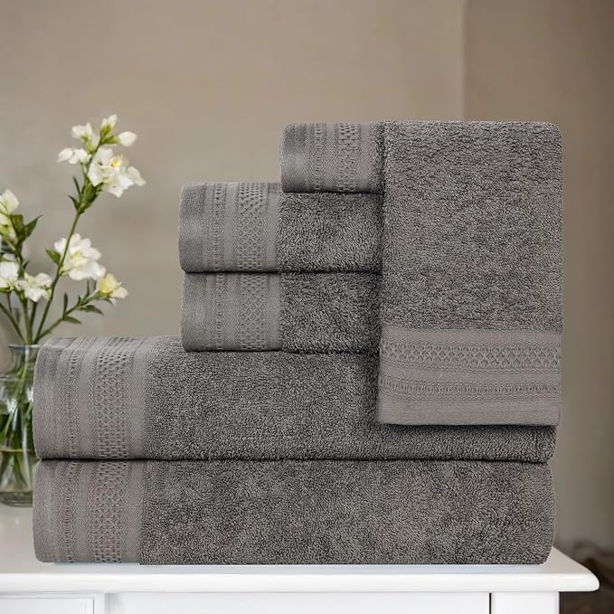 Superior Honeycomb Cotton Medium Weight Towels, for Guest Bath, Master Bathroom, Shower, Quick Dry, Adults, Home Essentials, Textured Waffle Border, Assorted Towel Set, 6 Piece Towel Set, Gunmetal