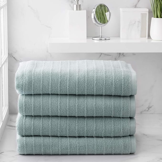 Welhome James 100% Cotton Textured Stripe Towels - 4 Pack Bath Towels, Soft & Absorbent, Mineral