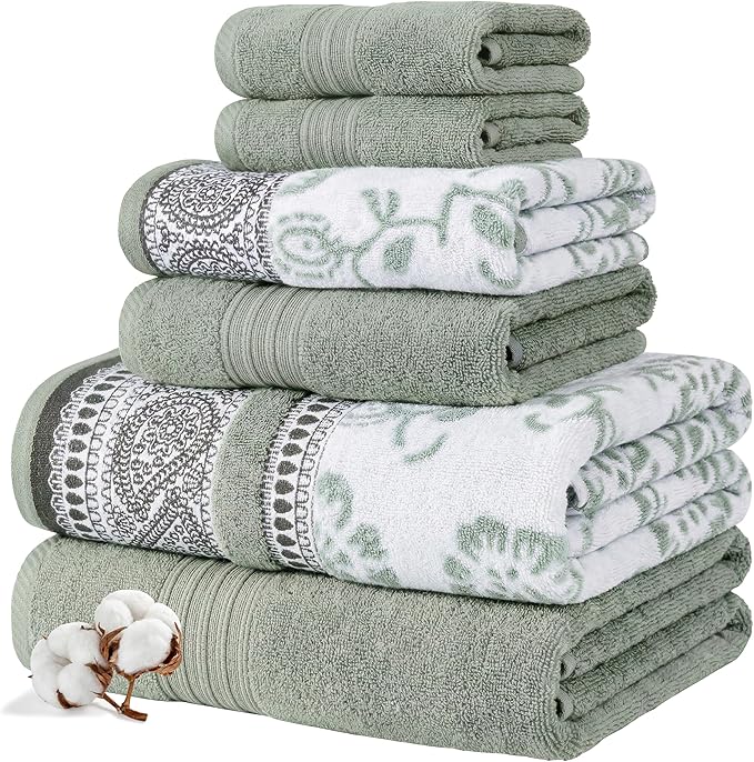 Modern Threads Floral Trail 6-Piece 100% Cotton Towel Set – Reversible Yarn Dyed Jacquard – Includes 2 Bath Towels, 2 Hand Towels, 2 Washcloths – Absorbent, Quick Dry, Soft & Durable – Sage Green