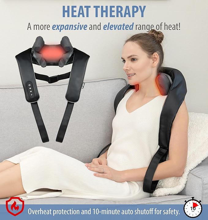 Zyllion Cordless Neck and Shoulder Massager with Heat - 4D Rechargeable Electric Shiatsu Kneading Deep Tissue Massage for Back and Muscle Pain Relief, Black, ZMA-36