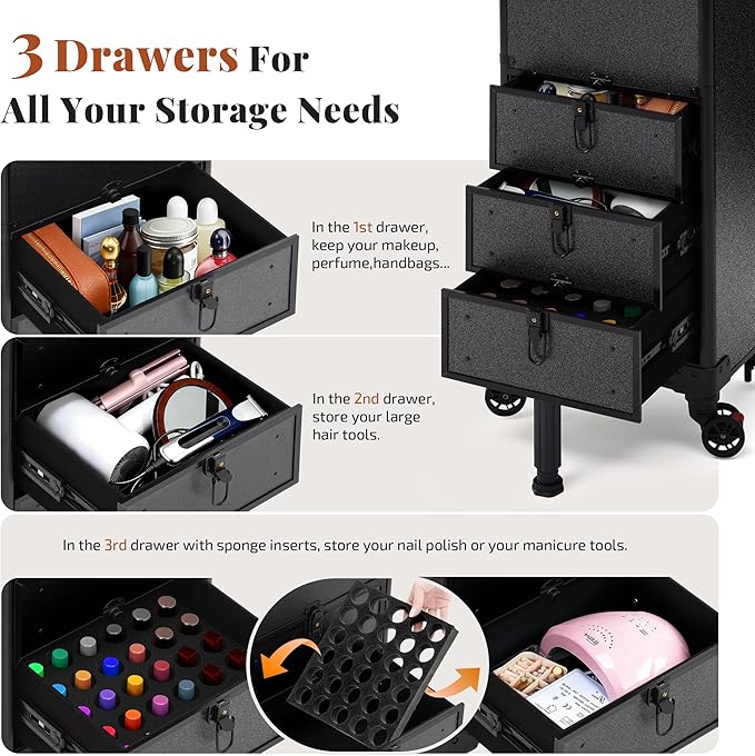 Rolling Makeup Train Case with 3 Drawers, Nail Trolley Cart Salon Station Cosmetology Case on Wheels Organizer Cases for Nail Tech,SPA,Face Painting,Hairstylist,Makeup Artist (Black)