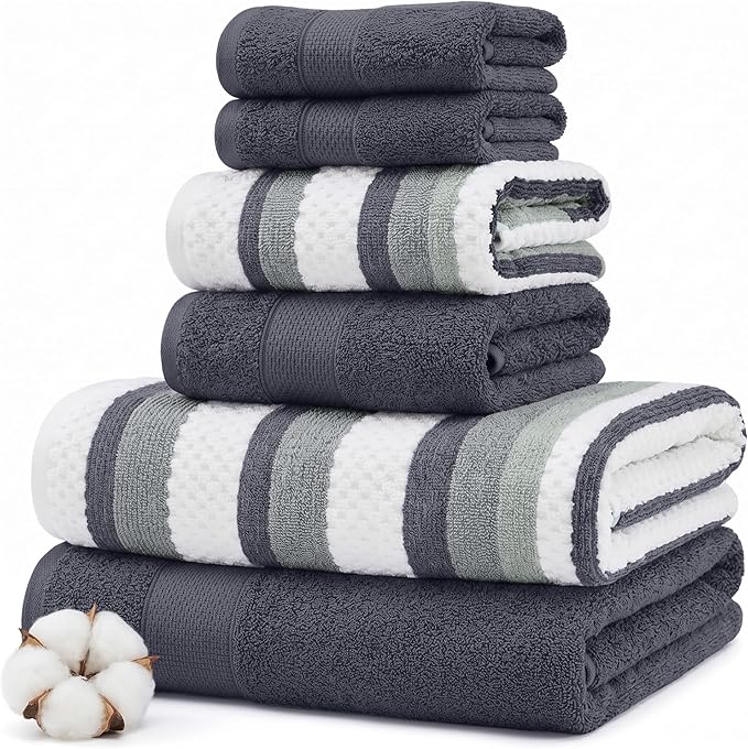 Modern Threads Pax 6-Piece Reversible Yarn Dyed Jacquard Towel Set - Bath Towels, Hand Towels, & Washcloths - Super Absorbent & Quick Dry - 100% Combed Cotton, Denim
