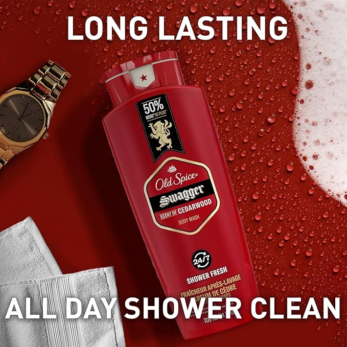 Old Spice Refreshing Body Wash for Men, 3X Defense, 24/7 Shower Fresh with Long Lasting Scent, Red Collection, Swagger with Cedarwood Scent, 24 oz (Pack of 6)