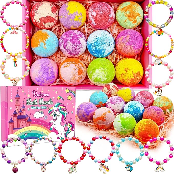 Unicorn Bath Bombs with Surprise Toys Inside for Kids Girls 3 4 5 6 7 8 Years Old Birthday Gift for Girls Bath Bombs with Surprise Jewelry Inside for Kids Toddler Girl Birthday Christmas Easter Gifts