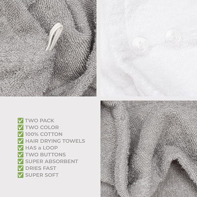 American Soft Linen 100% Cotton Hair Towels for Women, Head Towel Cap, Cotton Hair Turban Towel Wrap for Hair, Soft and Absorbent Cotton Hair Towels 2 Pack, White-Light Gray