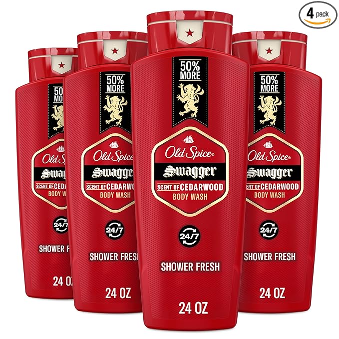 Old Spice Refreshing Body Wash for Men, 3X Defense, 24/7 Shower Fresh with Long Lasting Scent, Red Collection, Swagger with Cedarwood Scent, 24 oz (Pack of 4)