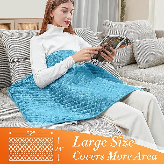 Extra Large Heating Pad for Back Pain 32"x24" King Size XL Electric Heating Pad for Period Cramps Relief & Body Neck Shoulder Auto Shut Off Heat Pad Temperature Settings Machine Washable Light Blue