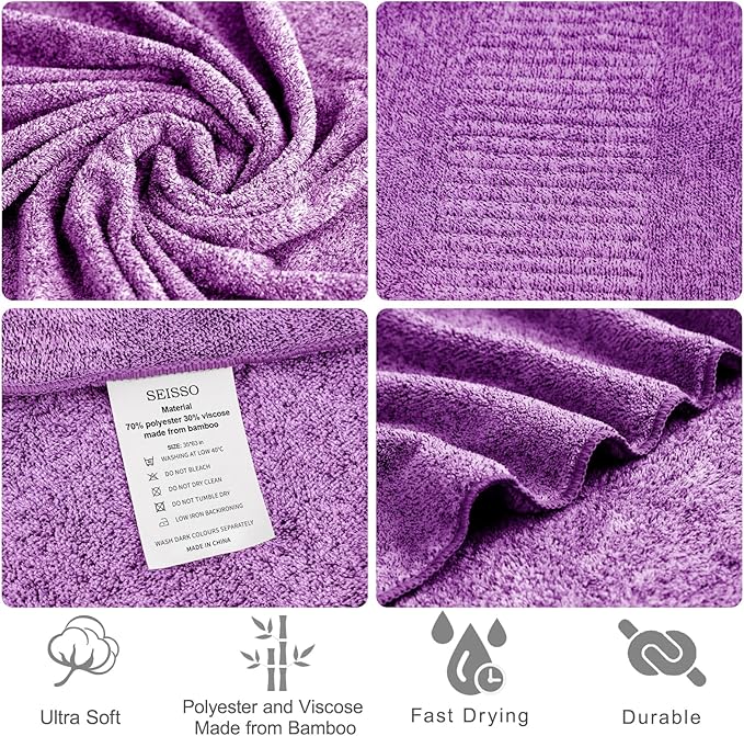SEISSO Bath Towels, Extra Absorbent & Quick Drying Lightweight Fiber Towels, Premium Big Soft Bath Towel for Fitness, Spa, Sports Towels, Yoga Towel, Dark Purple(4 Pack)