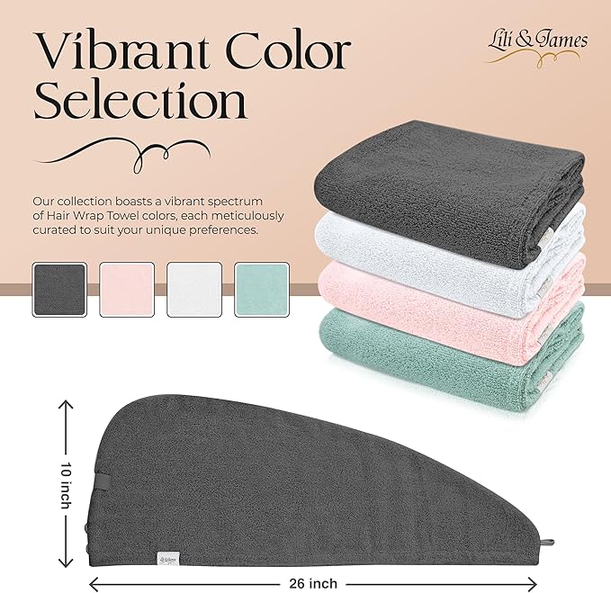 Lili&James 100% Cotton Hair Towel Wrap Quick Dry Super Absorbent Turban Head Wrap for Women/Kids/Men with Double Button, Anti Frizz, Hair Cap for Curly, Long & Thick Hair (Dark Grey)