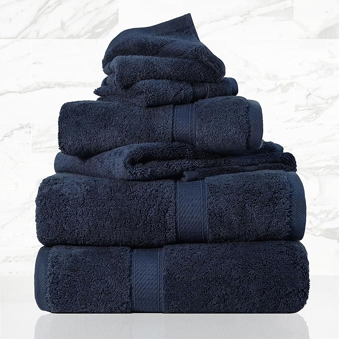 SUPERIOR Egyptian Cotton Pile 6 Piece Towel Set, Includes 2 Bath, 2 Hand, 2 Face Towels/Washcloths, Ultra Soft Luxury Towels, Thick Plush Essentials, Guest Bath, Spa, Hotel Bathroom, Navy Blue