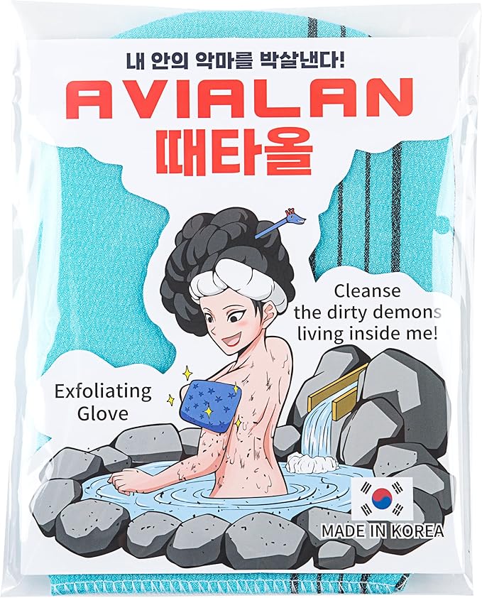 Exfoliating Glove loofah Korean Skin Care face Lip Body Scrub Body wash Dry Brushing Body Brush Bath Towels Foot Back Scrubber scrubbing Bathing Sponge Remover Gloves (SkyBlue)