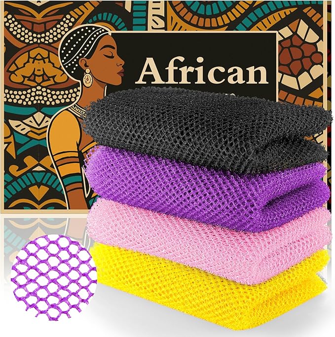 African Net Sponge Set (4PCS) -Premium Exfoliating Bath Scrubber for Face/Body, Travel-Friendly, Durable & Soft Exfoliation(Yellow,Pink,Purple,Black)
