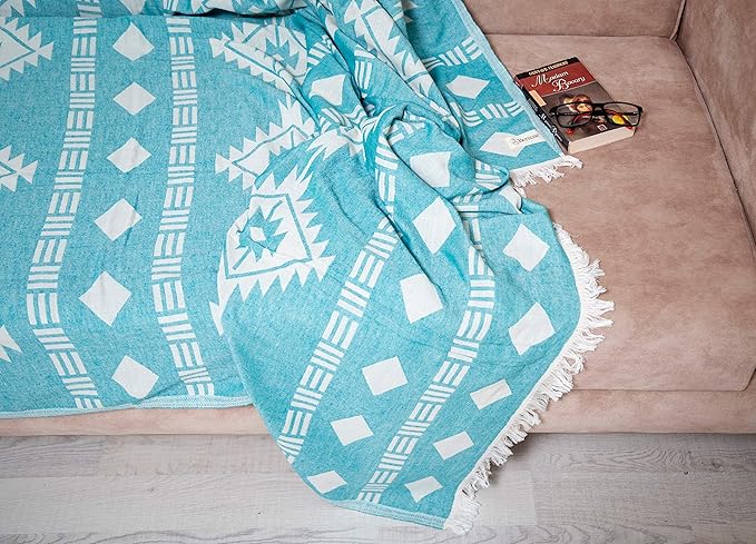 Bersuse 100% Cotton Belize XL Throw Blanket Turkish Towel Beach Blanket - Beach Camping Essentials - 75x90 Inches, Aqua