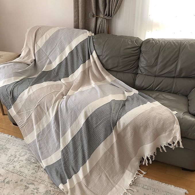 Bersuse 100% Cotton Aspendos XL Throw Blanket for Couch - 100% Cotton Lightweight Durable Throw Blanket, Big Blanket for Sensitive Skin, Decorative and Versatile - 60x90 Inches, Black-Grey-Beige
