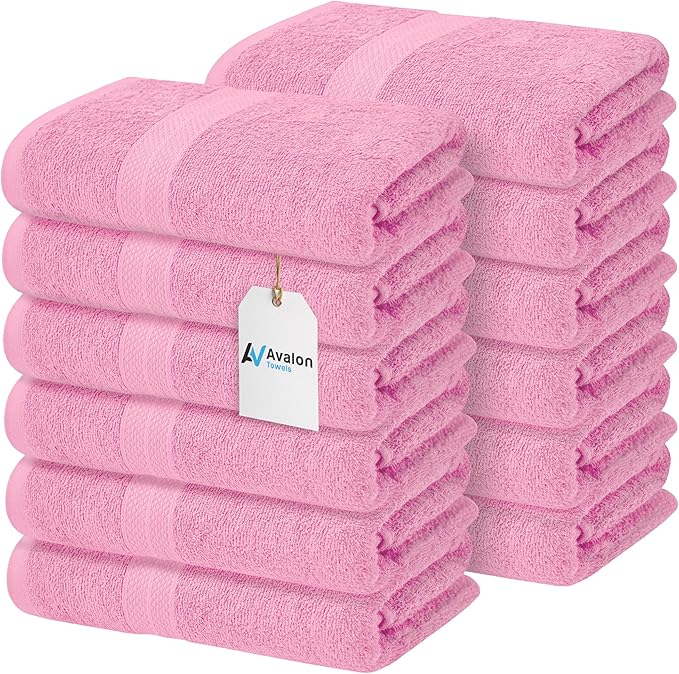 Avalon Towels Bath Towels for Bathroom 100% Cotton Pink Bathroom Towels Pack of 12 (24x48 inches) - Quick Drying Bath Towels Set Small, Light Weight & Absorbent Perfect Gym & Pool Towel Set