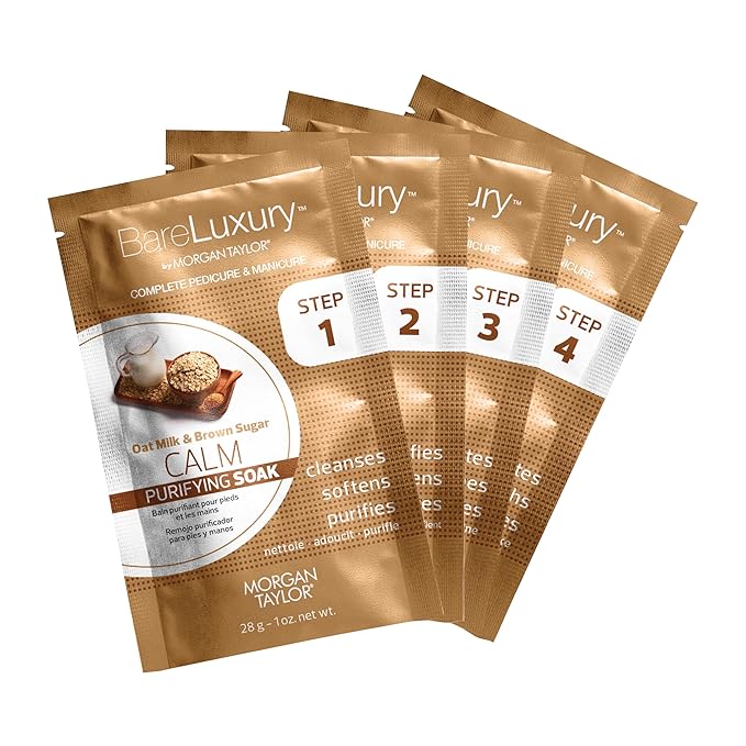 Morgan Taylor BareLuxury 4-Step Complete Pedicure & Manicure Packs - Complete Nail Care Kit with Soak, Masque, Scrub & Massage Butter, Professional Spa-Quality Treatments (Calm Oat Milk & Brown Sugar)