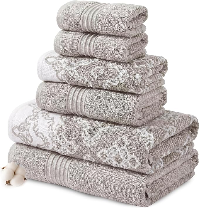 Modern Threads Charlize 6-Piece 100% Cotton Towel Set – Reversible Yarn Dyed Jacquard & Solid – Includes 2 Bath Towels, 2 Hand Towels, 2 Washcloths – Absorbent, Quick Dry, Soft & Durable – Fawn