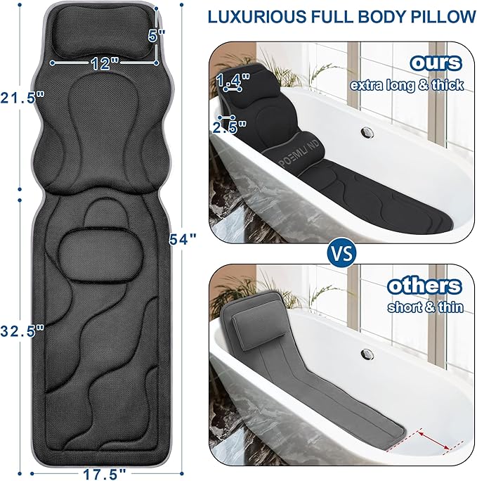 Poemland Luxury Full Body Bath Pillows for Tub-Extra Thick Bathtub Cushion with Lumbar Pillow for Neck and Back Support, Bath Accessories, Gift for Relaxing, Soaking, Spa