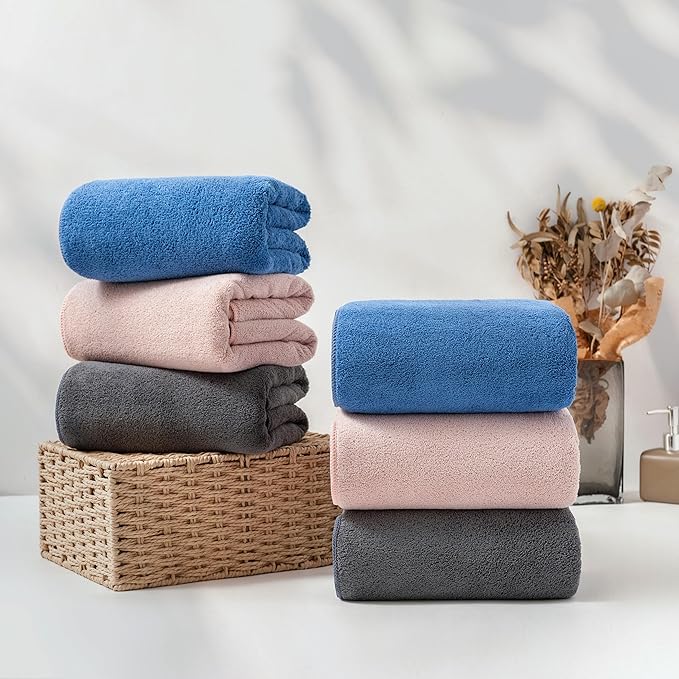 sakano 6-Piece Colorful Microfiber Bath Towel Set - Fast-Drying, Super Absorbent & Non Shedding Towels for Family, Gym, Spa and Salon -Pink+Dark Gray+Blue, 28x57 Inches