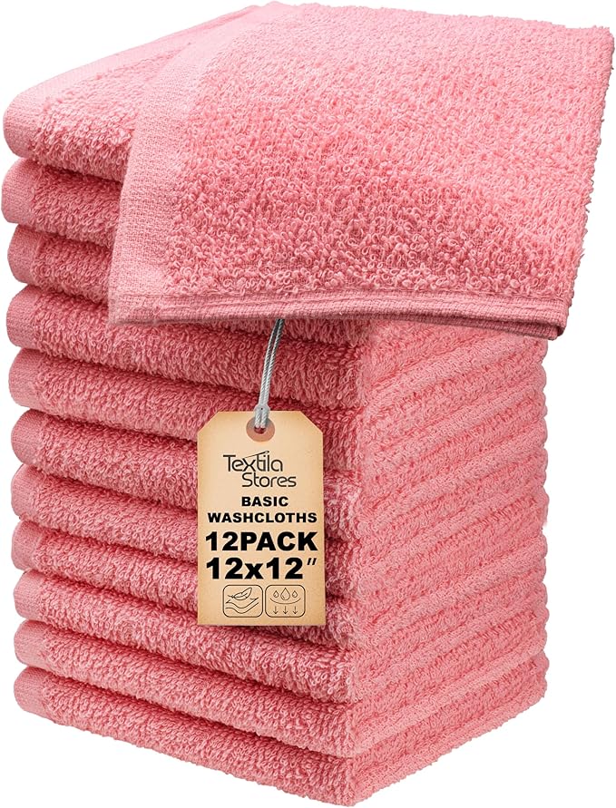 Basic Wash Cloths 12x12 Inches – Pack of 12 – Rose Pink Color – Soft and Absorbent Multipurpose Cotton Washcloths for Bathroom, Spa, Gym, Salon, Hotel, and Everyday Use
