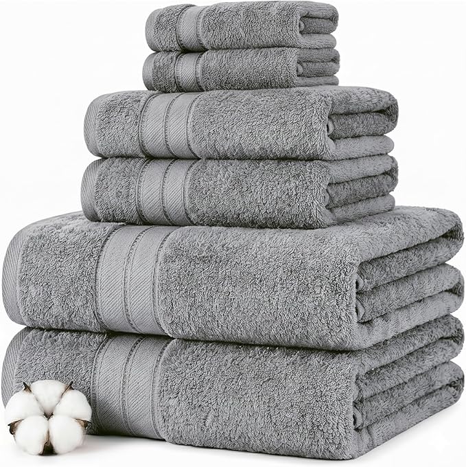 Modern Threads - Spun Loft 6-Piece 100% Combed Cotton Towel Set - Bath Towels, Hand Towels, & Washcloths - Super Absorbent & Quick Dry - 600 GSM - Soft & Plush, Charcoal