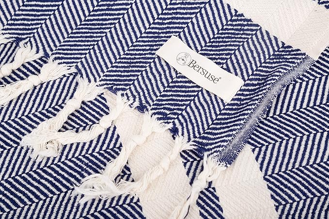 Bersuse 100% Cotton Herringbone XL Throw Blanket for Couch - 100% Cotton Lightweight Durable Throw Blanket, Big Blanket for Sensitive Skin, Decorative and Versatile - 63x94 Inches, Dark Blue