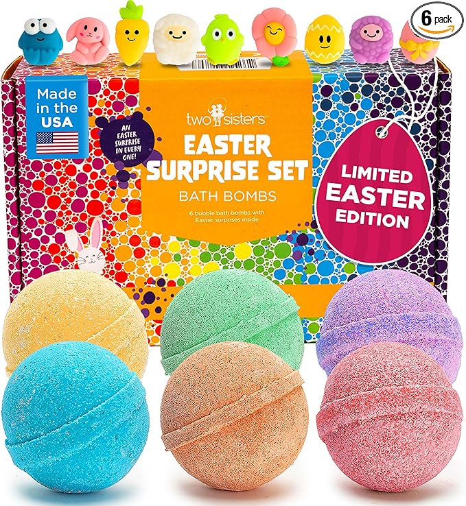 Easter Bath Bombs for Kids with Surprise Toys Inside (6 Pack) - Kids Easter Basket Stuffers for Boys and Girls - Large Spring Bubble Bomb, Incredible Fragrances & Colors, USA Made by Two Sisters