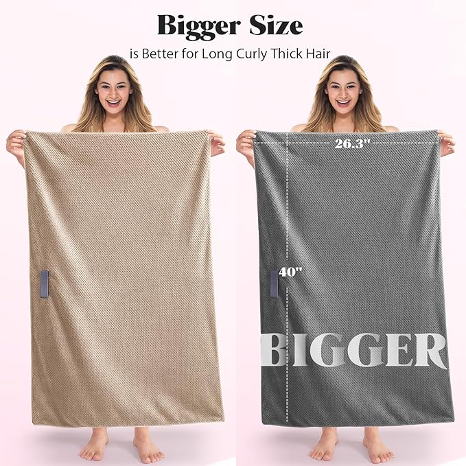 MABAO 2 Pack Microfiber Hair Towel Wrap for Women, Quick Dry Hair Turban Towel with Elastic Band, Microfiber Plopping Towel for Curly Hair, Stocking Stuffers for Women (Gray, Camel)
