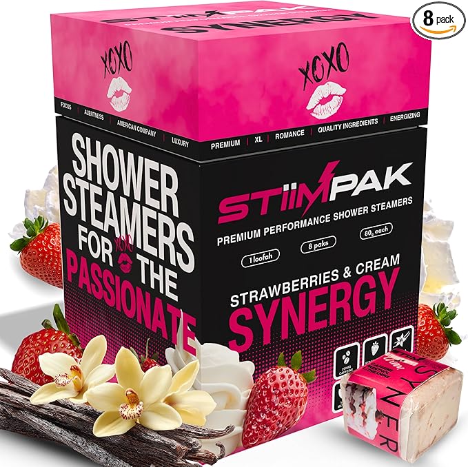 Shower Steamers Gift for Women | Vanilla Strawberry Menthol | Calming Relaxation | Synergy | XXL 80g | Relaxing Self Care Aromatherapy for Women | L-Theanine | STiiMPAK (8 Pak + Loofah)