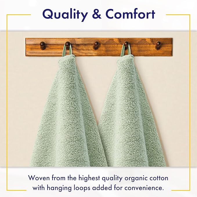 Alusa Home 100% Organic Zero-Twist Cotton Towels - GOTS Certified Luxury Bath Towels - Ultra Soft & Plush 700GSM Long-Staple Cotton - 6 Piece Towel Set (Eucalyptus Green)