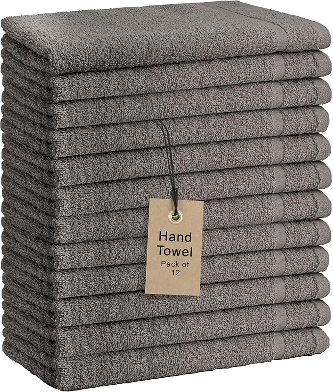 Basic Hand Towels 16x26 Inches – Pack of 12 – Grey Color – Soft and Absorbent Multipurpose Cotton Towels for Bathroom, Spa, Gym, Salon, Hotel, and Everyday Use
