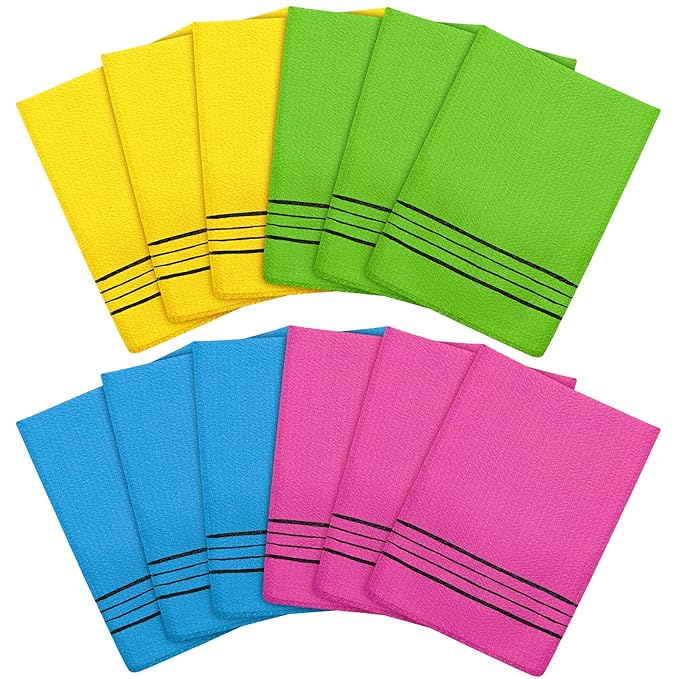 Tatuo 12 Pieces Korean Exfoliating Mitt Glove Italy Towel Body Skin Scrubber Exfoliating Scrubber for Remove Dead Skin Washcloth Korean(Small,Yellow, Green, Blue, Pink)