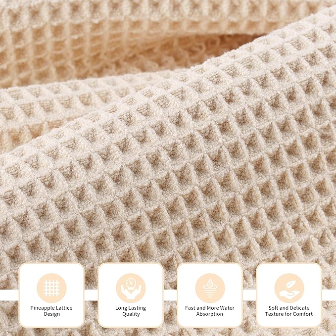 MICROFI New Microfiber Waffle Bath Towels, 3 Pieces, Oversized, Soft, Absorbent, Fast Drying, Lint Free, Includes Bath, Face and Hand Towels 430 GSM (Champagne)