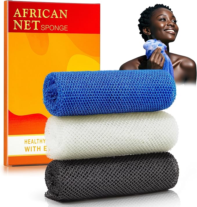 3-Piece African Net Sponge Set - Exfoliating Scrubber for Face/Body Shower, Travel-Portable Design, Long-Lasting, Gentle Exfoliation for All Genders(Black,Blue,White)