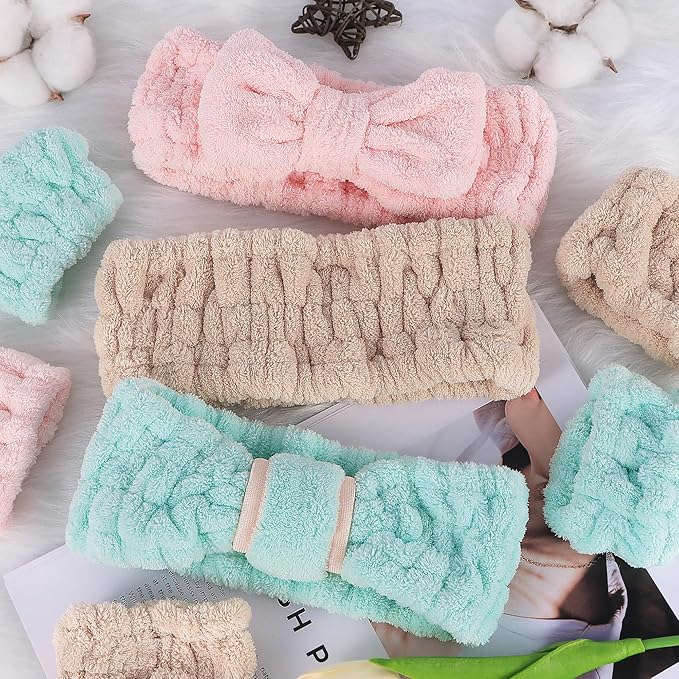 DiyJibb 9 Pcs Spa Headband for Washing Face,Skincare Headband and Wristband Set,Women Teen Girls Facial Hairbands for Washing Face, Makeup, Sports, Yoga (light green + pink +khaki)