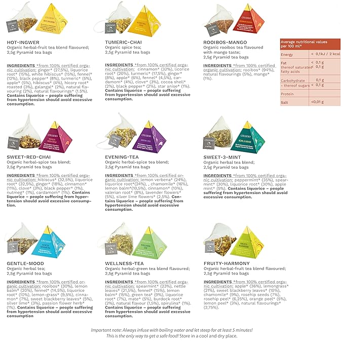 Creano Organic Herbal Tea Gift Set "Organic Herbal Tea" – 18 Pyramid Tea Bags in 9 Different Varieties – 45g*