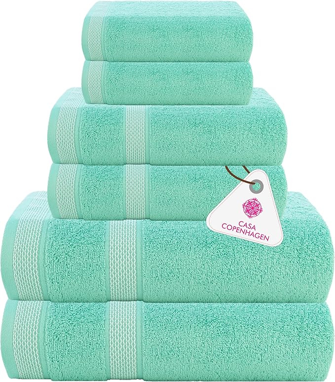 CASA COPENHAGEN Solitaire 6Pcs 100% Egyptian Cotton Large Designer Towels Gift Set- Blue-Green, 600GSM, 2Bath 2Hand 2Washcloths, Bath Towels for Bathroom Set for Women & Men