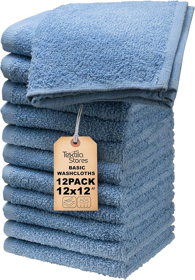 Basic Wash Cloths 12x12 Inches – Pack of 12 – Blue Color – Soft and Absorbent Multipurpose Cotton Washcloths for Bathroom, Spa, Gym, Salon, Hotel, and Everyday Use