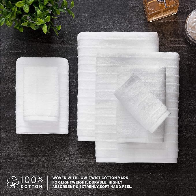 Welhome James 100% Cotton Textured Stripe Towel Set - 6 Piece Set of 2 Bath Towels, 2 Hand Towels, 2 Washcloths, Soft & Absorbent, White