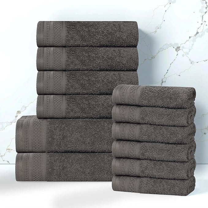 Superior Honeycomb 100% Cotton 500 GSM 12 Piece Bath Towel Set, 6 Washcloths, 4 Hand, 2 Bath Towels, Ideal for Bathroom, Kitchen or Beach, Quick Dry, Jacquard and Solid, Mid-Weight, Gunmetal