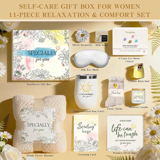 Birthday Gifts for Women - 11 Pcs Self Care Gift Basket Set for Mom Sister Friend - Get Well Soon Gift Box - Recovery After Surgery Care Package - Friendship Inspirational Cheer Up Thank You Present