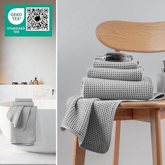 MICROFI New Microfiber Waffle Bath Towels, 3 Pieces, Oversized, Soft, Absorbent, Fast Drying, Lint Free, Includes Bath, Face and Hand Towels 430 GSM (Silver)